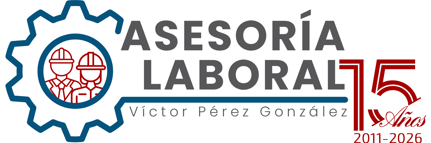 Logotipo de "Asesoría Laboral Víctor Pérez González" con un icono de dos trabajadores dentro de un engranaje y texto que marca 15 años (2011-2026) en rojo.