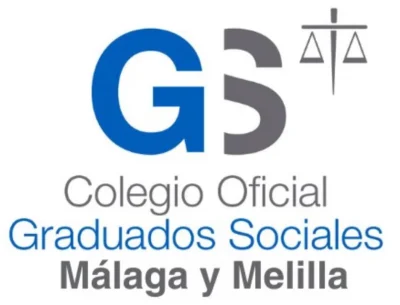 Logotipo del Colegio Oficial de Graduados Sociales de Málaga y Melilla, con las iniciales GS en azul y gris, un símbolo de una balanza y el nombre de la organización en español debajo.